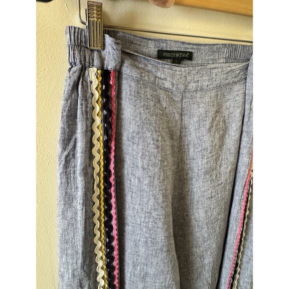 For Cynthia Ric Rac trimmer chambray wide leg pants boho coastal beachy linen L - Picture 1 of 7